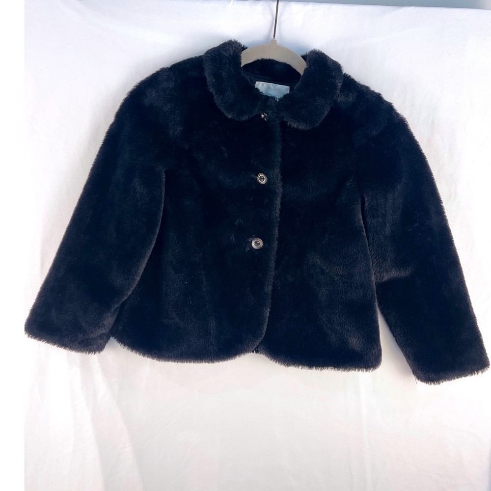 Edgehill Collection Kids Faux Fur Coat Black Peter Pan Collar Jacket Size 6/6X